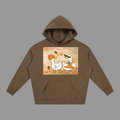 A brown pullover hoodie with a front kangaroo pocket and a central square graphic showing two cartoon swans holding pumpkins under a warm autumn sky with falling leaves.