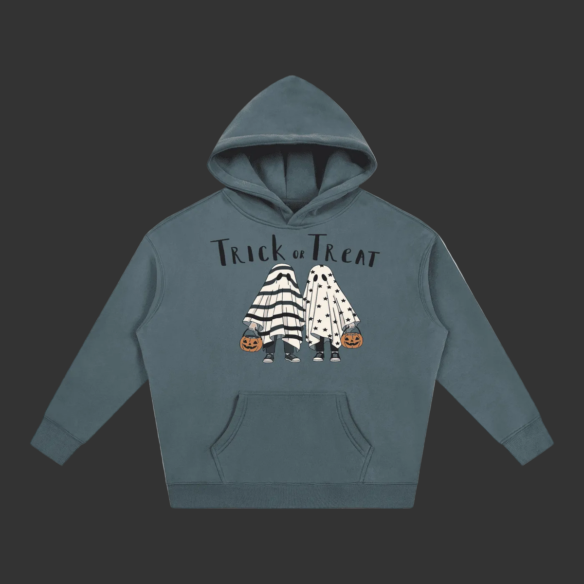 A slate blue-gray pullover hoodie with a 'Trick or Treat' graphic on the chest, featuring two cartoon ghosts in striped and polka-dot costumes holding pumpkins, shown on a plain gray background.
