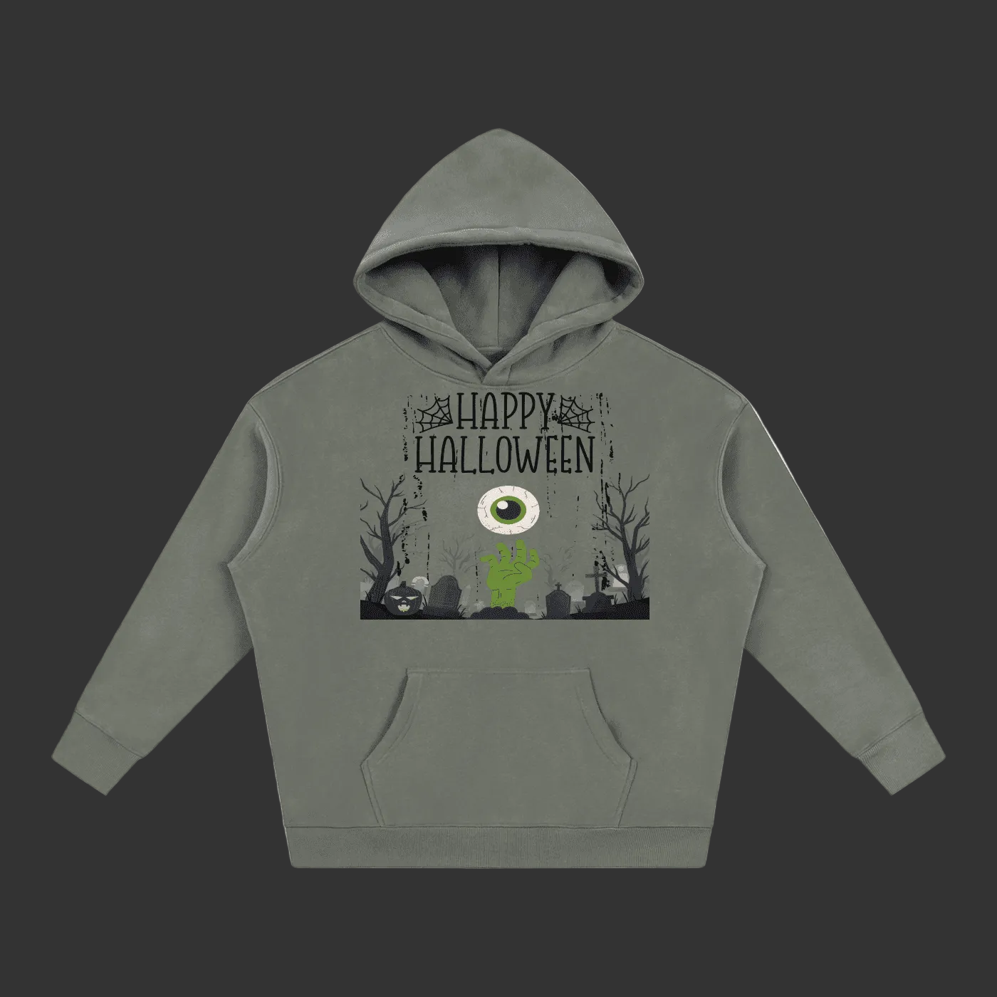 A adult unisex gray pullover hoodie with a Halloween graphic on the chest. Olive green Halloween hoodie with Happy Halloween haunted house, zombie, pumpkin, and monster eye graphic