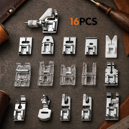 16-piece low shank snap-on presser foot set with multiple sewing machine feet for quilting, hemming, and decorative stitching