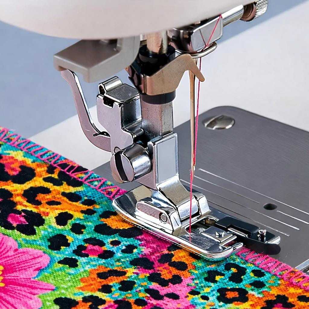 Overlock presser foot installed on sewing machine stitching fabric edges for clean and durable seam construction