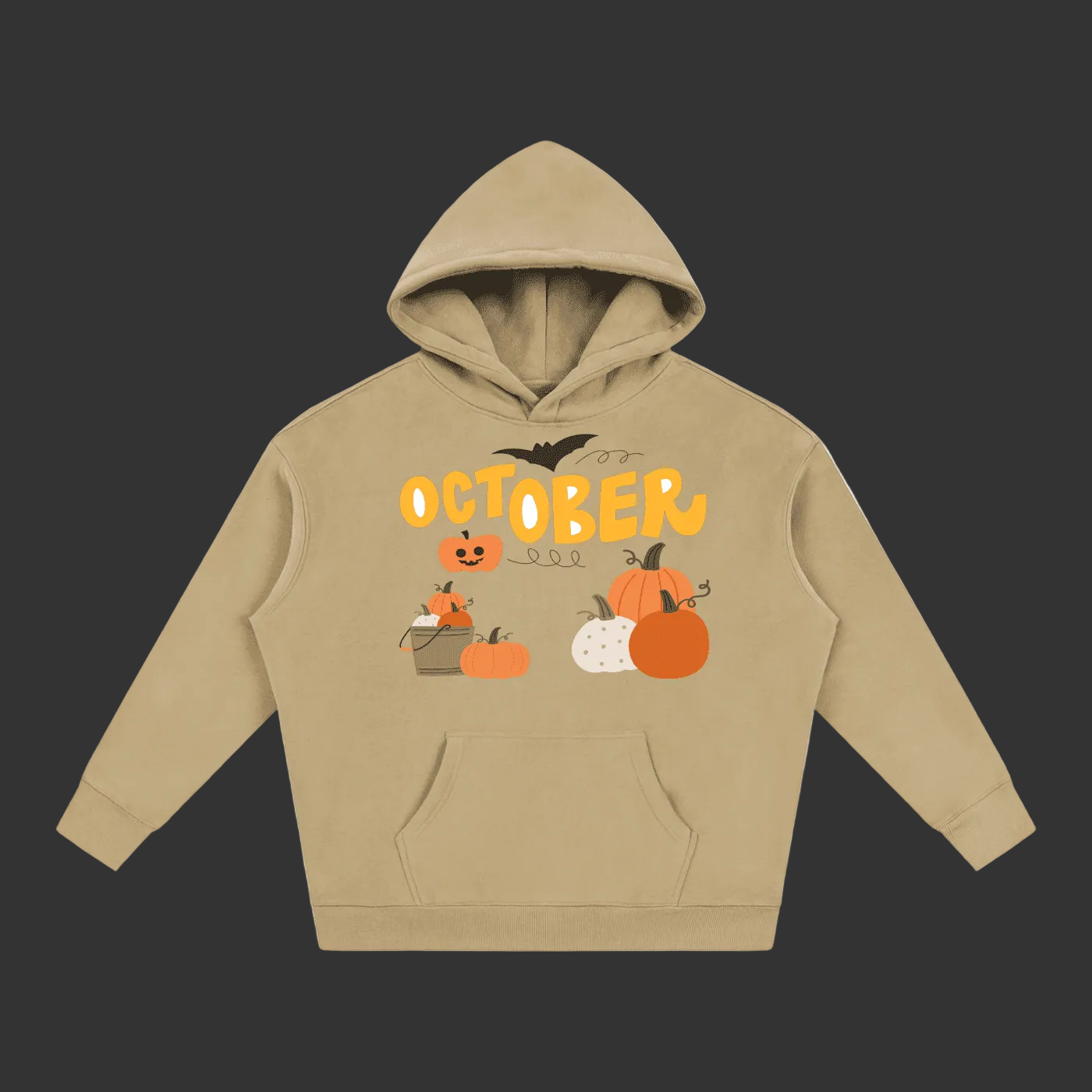 Light brown hoodie with October pumpkin graphic displaying pumpkins, a bat, and fall-themed illustrations, suitable for fall outfits.