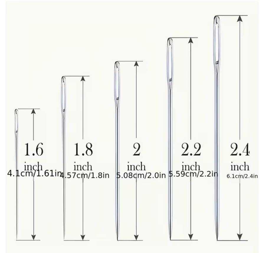 Leather sewing needle size guide showing multiple needle lengths for upholstery repair and hand stitching applications