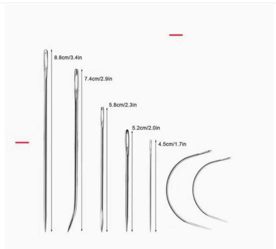 Leather sewing kit needle and tool size chart showing dimensions for hand stitching and leather repair accessories