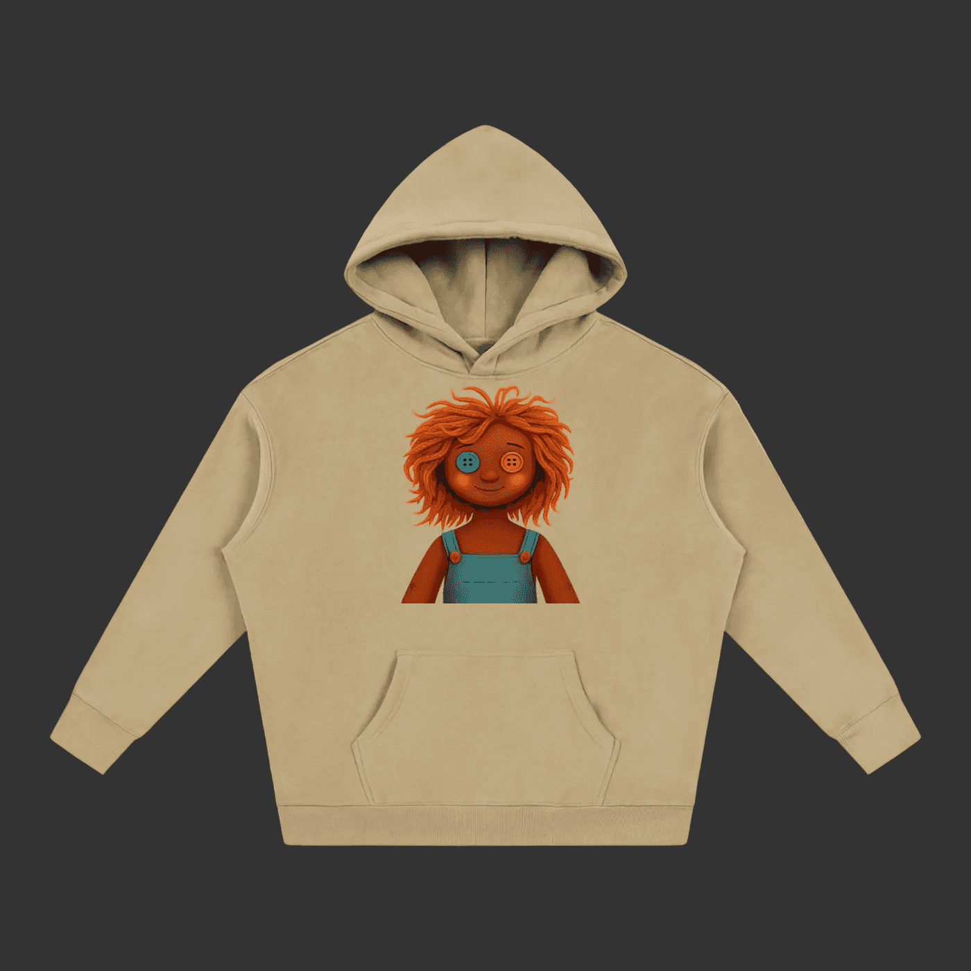 A beige pullover hoodie with a front kangaroo pocket and a graphic print of a cartoon doll with orange hair and blue overalls on the chest, shown against a plain gray background.