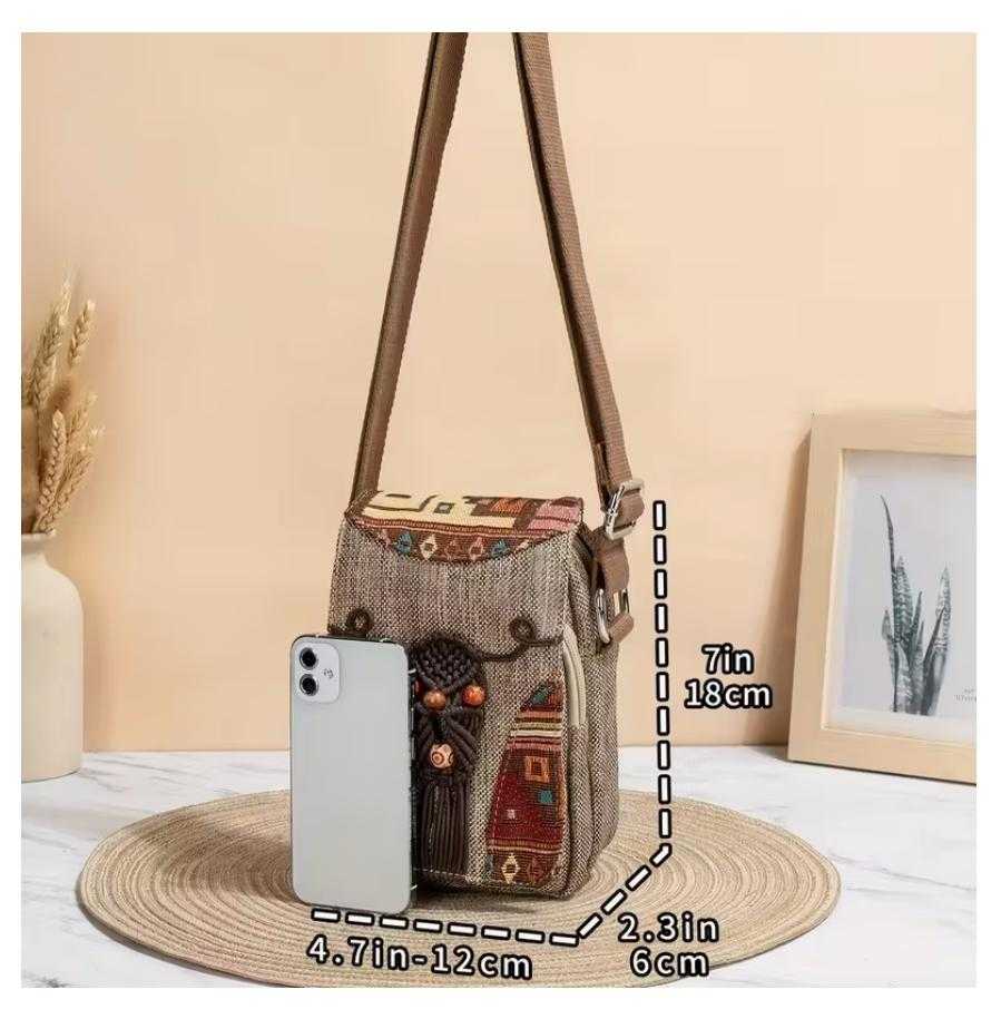 Detailed view of boho woven crossbody bag with measurements