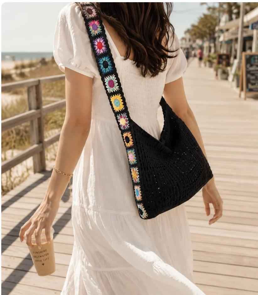 Boho crochet tote bag with colorful granny square strap