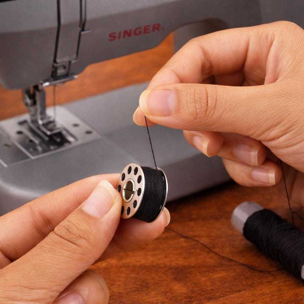 Hand threading stainless steel bobbin for sewing machine use and thread winding preparation
