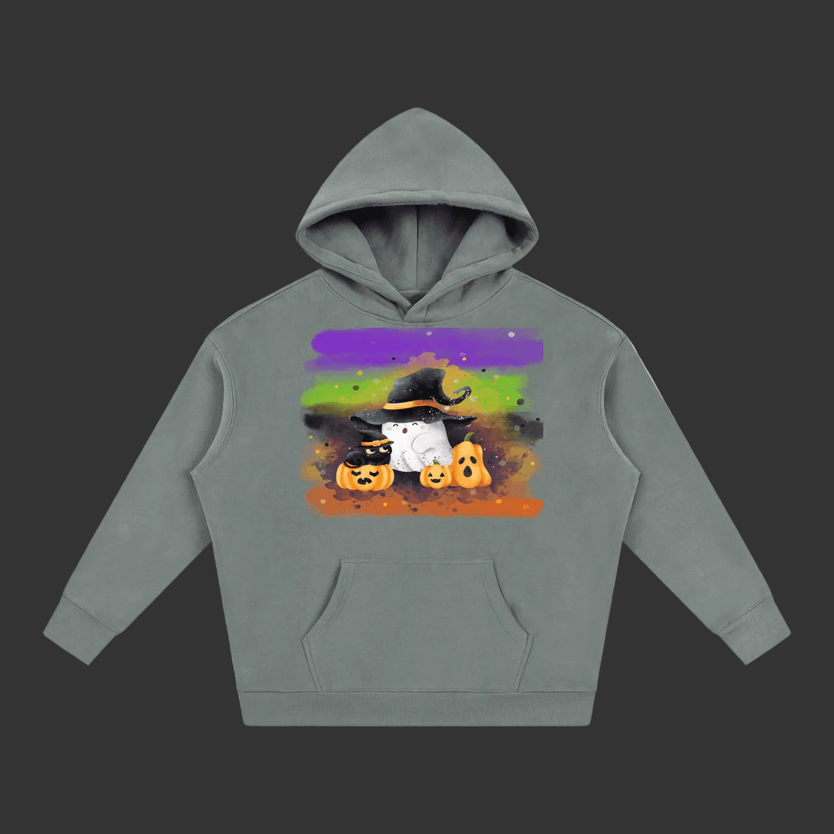 A gray pullover hoodie featuring a colorful Halloween graphic on the chest with a witch, ghosts, pumpkins, and a rainbow background.