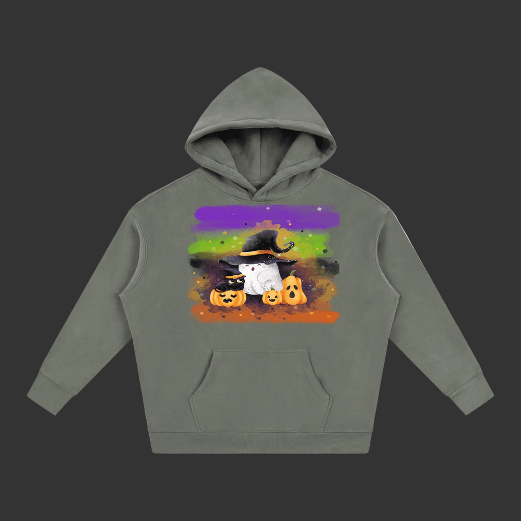 A gray pullover hoodie featuring a colorful Halloween graphic on the chest with a witch, ghost, pumpkins, and a rainbow background