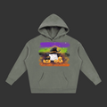 A gray pullover hoodie featuring a colorful Halloween graphic on the chest with a witch, ghost, pumpkins, and a rainbow background
