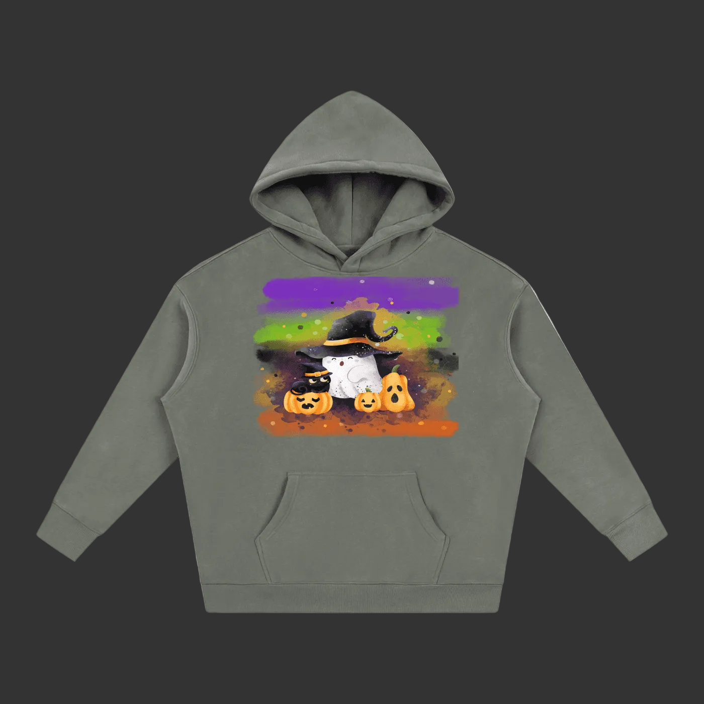 A gray pullover hoodie featuring a colorful Halloween graphic on the chest with a witch, ghost, pumpkins, and a rainbow background