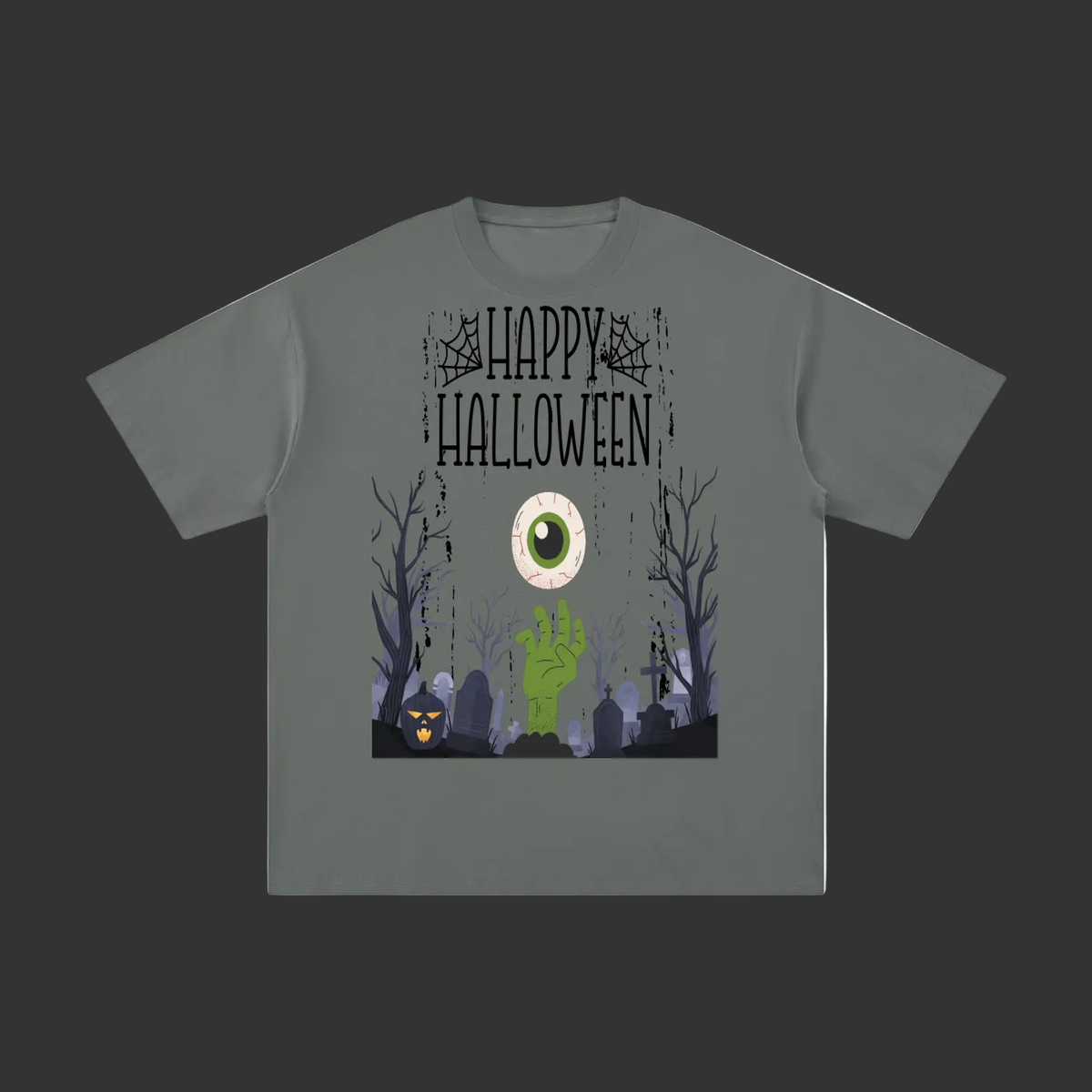 A dark gray short-sleeve t-shirt with a Halloween graphic on the front. The graphic features the text 'Happy Halloween' in a distressed font, a large green and white eye, a green zombie hand, a pumpkin, and a spooky graveyard scene with bare trees.