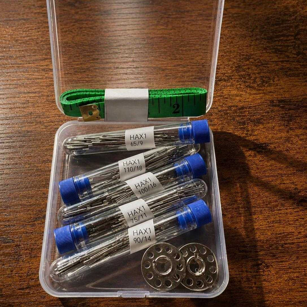 Sewing machine needles with metal bobbins in plastic case for all fabrics