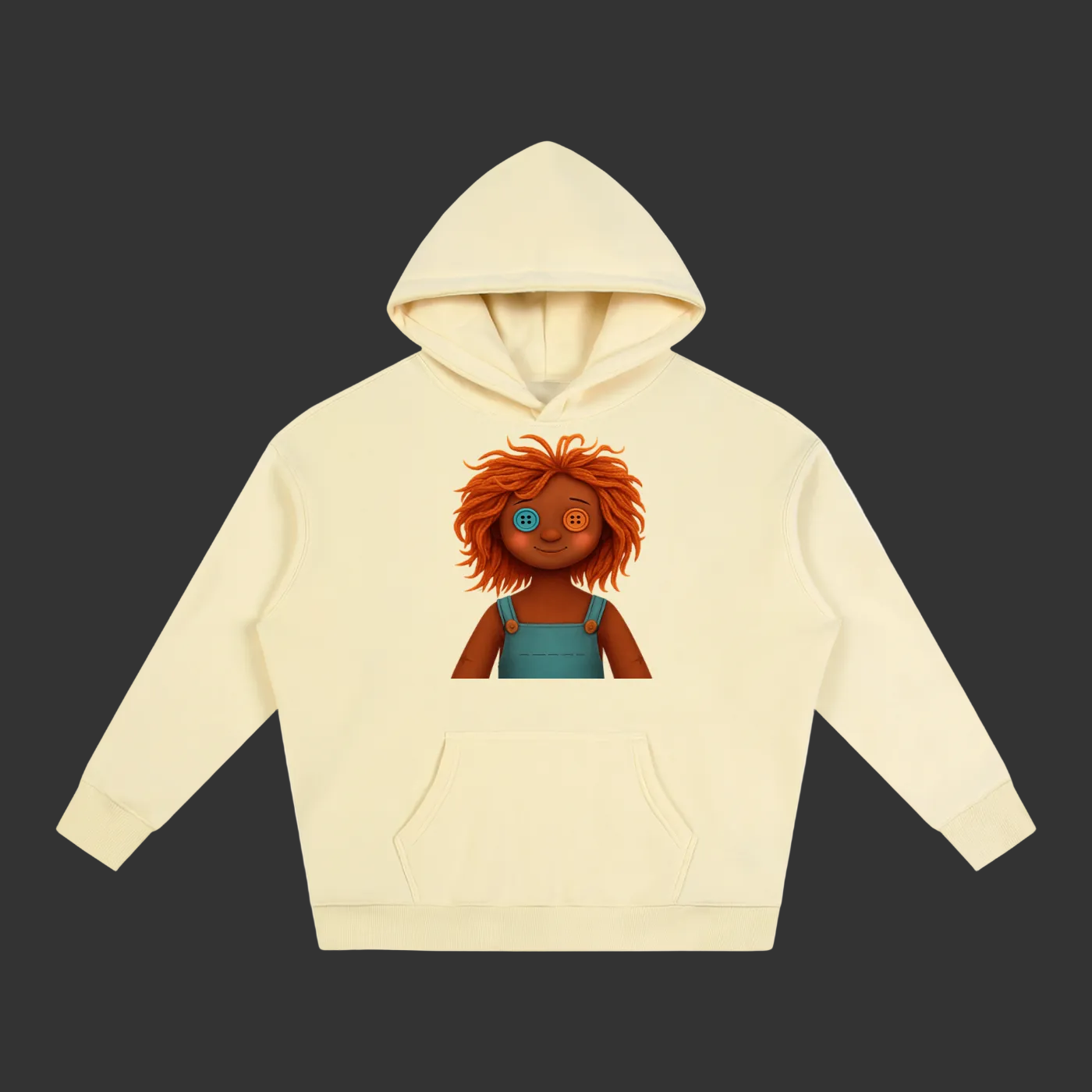 A cream-colored pullover hoodie featuring a graphic print of a cartoon girl with orange hair and a blue top on the front, displayed against a solid gray background.