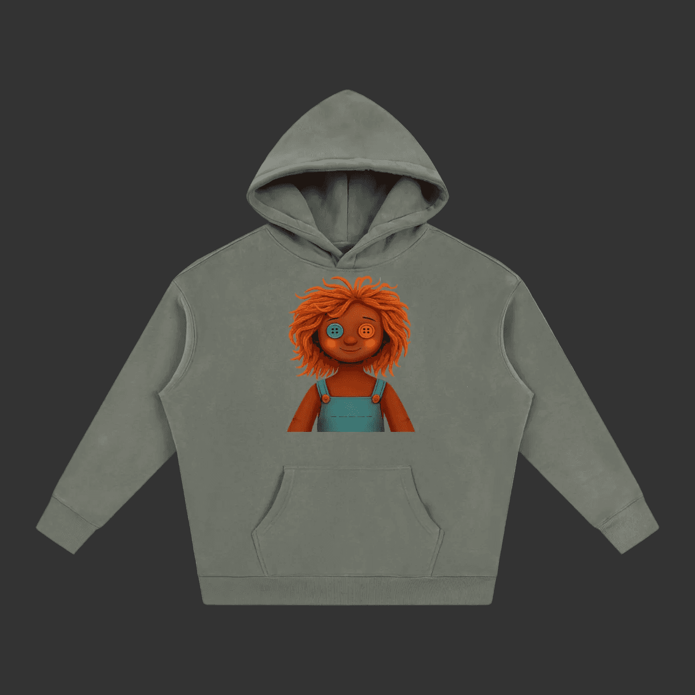 A gray pullover hoodie featuring a cartoon graphic of a doll with orange hair and blue overalls on the front, displayed against a solid gray background.