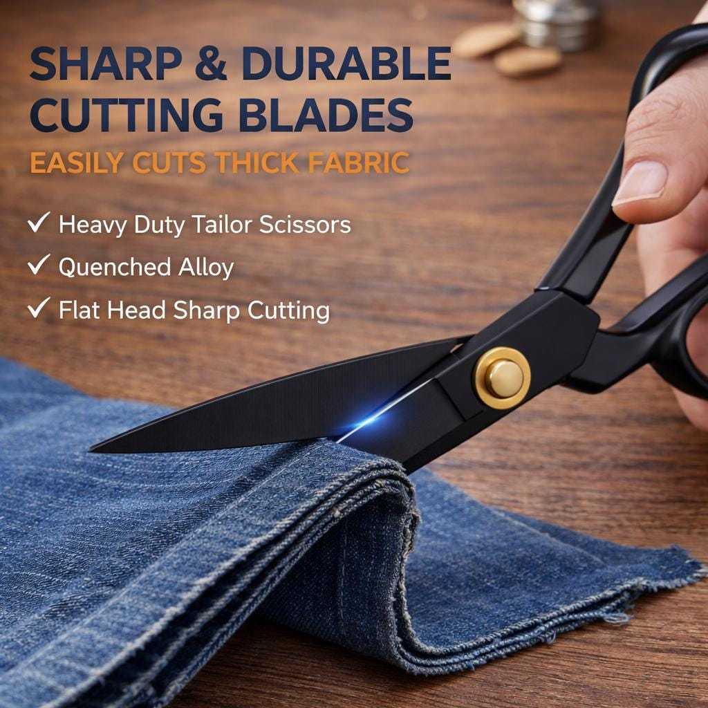 Sharp fabric scissors cutting through thick denim material for sewing, quilting, and tailoring applications