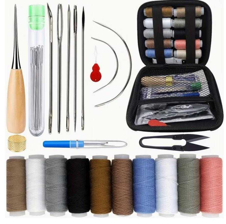 Upholstery repair sewing kit with leather stitching tools, curved needles, waxed thread, and storage case for leather repair projects