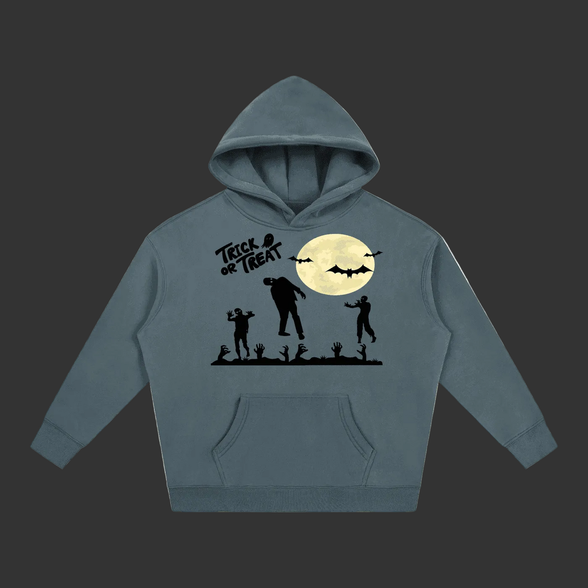 A slate blue-gray hoodie featuring a black graphic print of Halloween silhouettes, including a full moon, bats, and the text 'Treat or Treat', displayed on a clean white background.