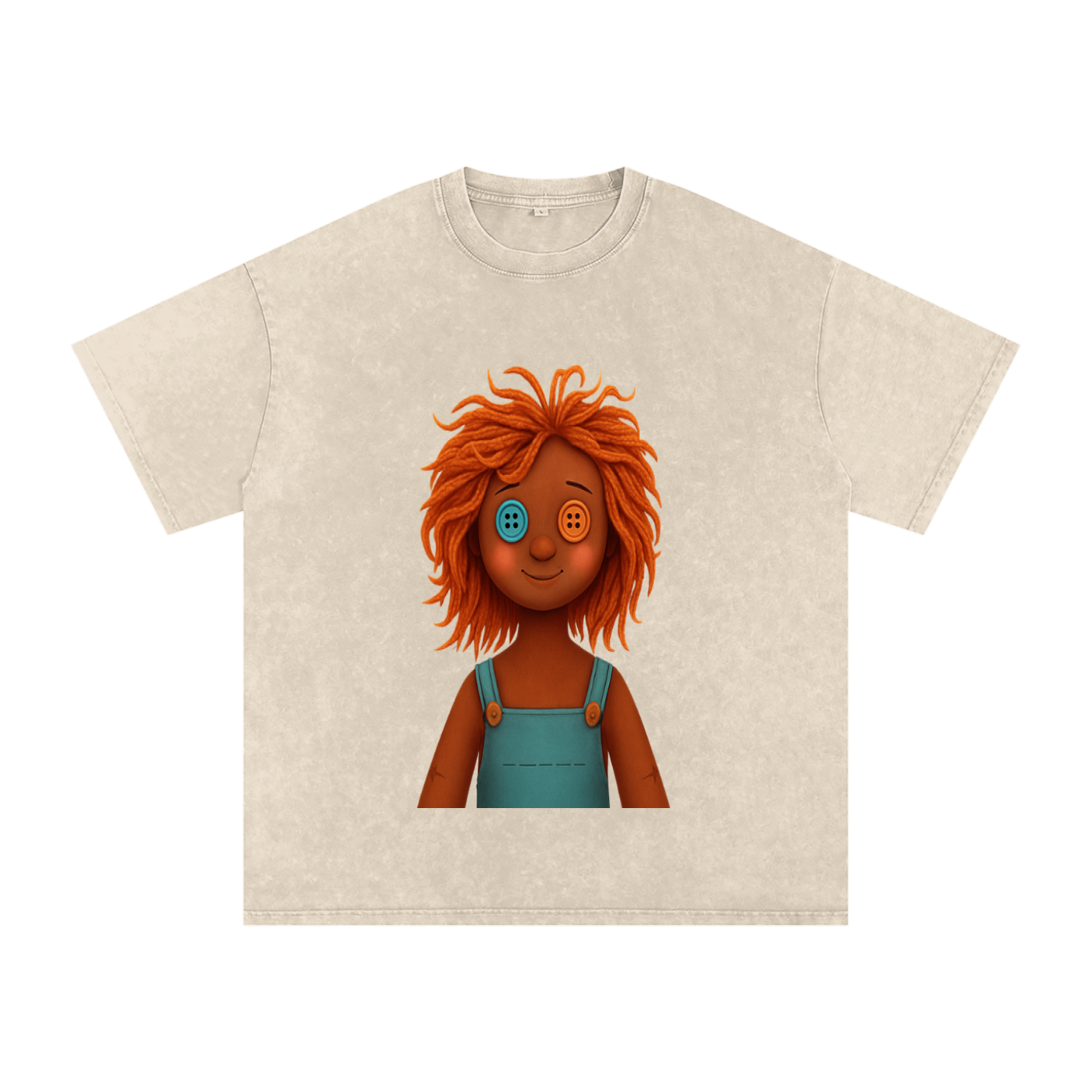 A light beige short-sleeve t-shirt with a graphic print of a cartoon doll with orange hair, brown skin, and a blue overalls, shown on a plain white background.