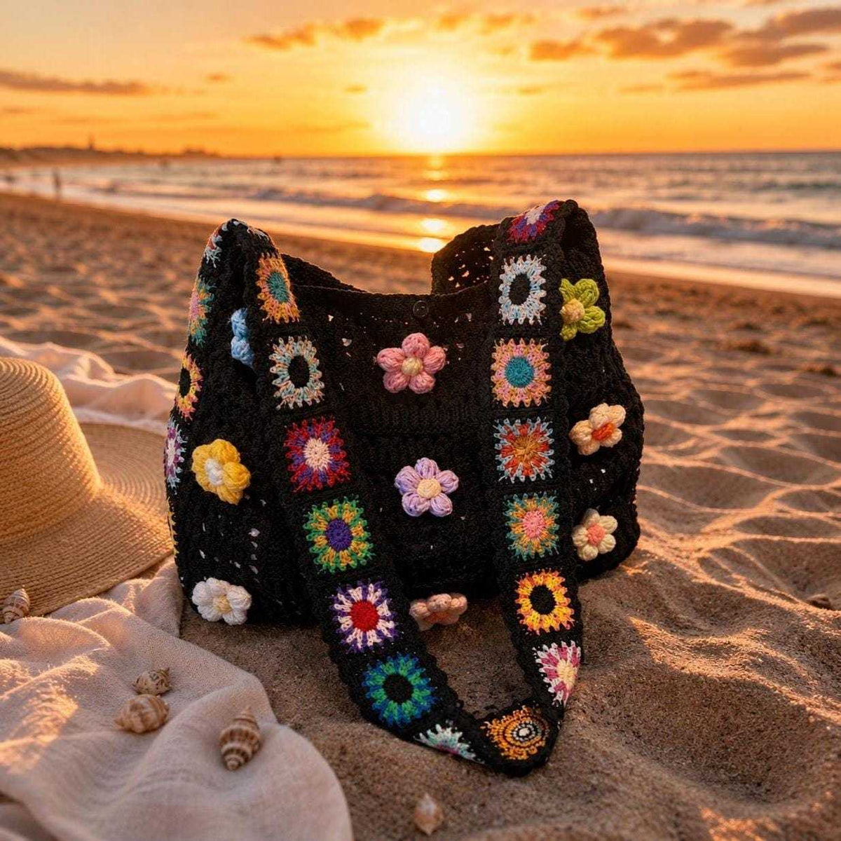 Boho crochet tote bag with colorful floral granny square accents displayed on a sandy beach at sunset