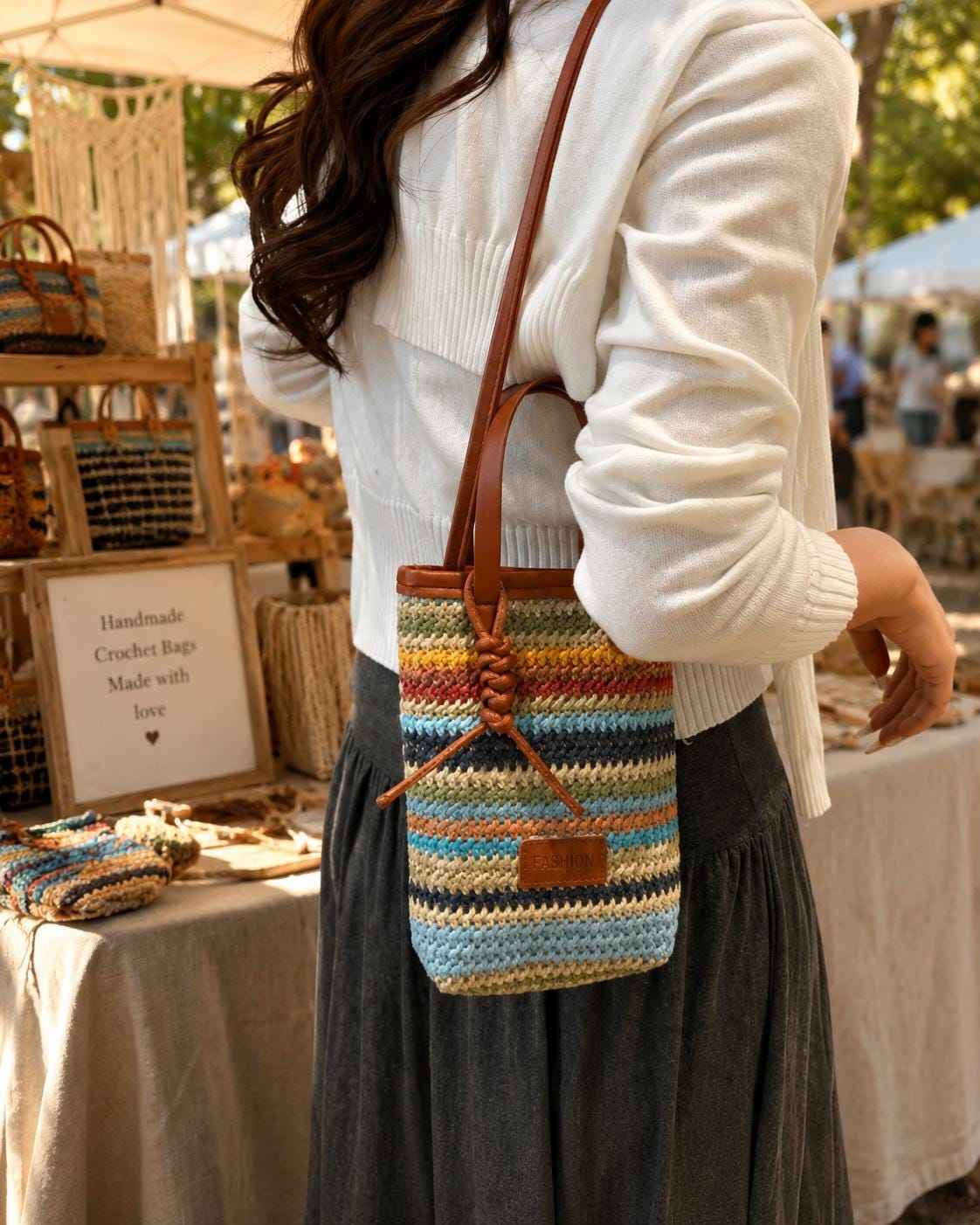 Woman with colorful woven crossbody bag at outdoor festival