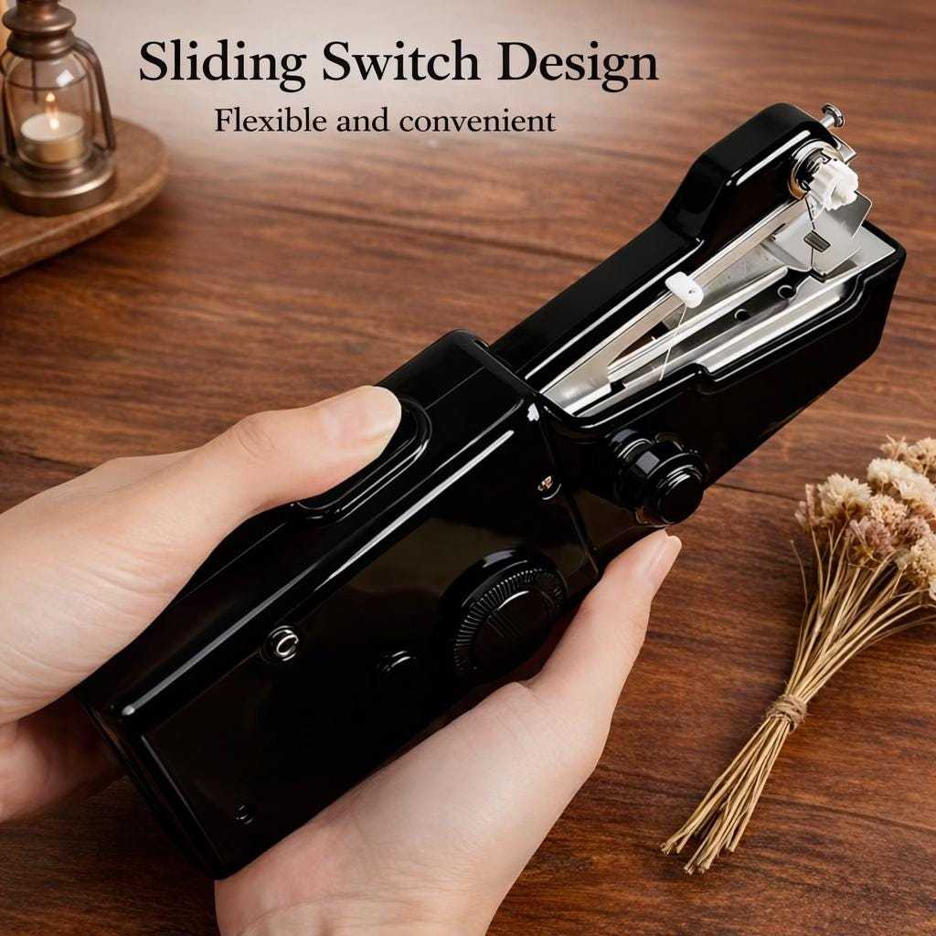Portable mini stitcher sewing machine with sliding switch design on wooden surface