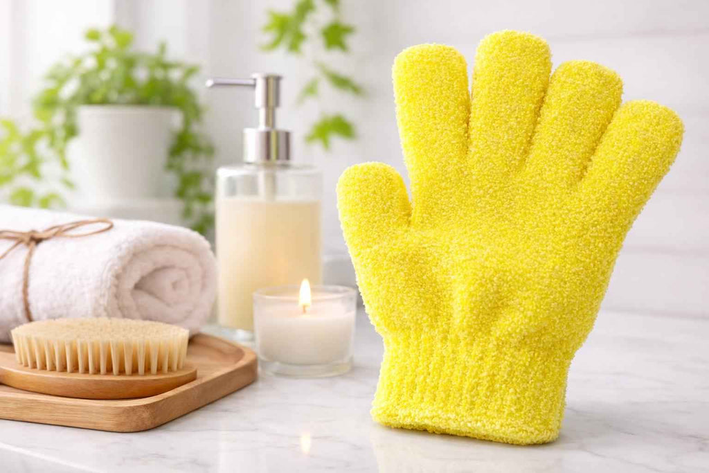 Yellow exfoliating bath glove for gentle skin scrubbing and full body exfoliation