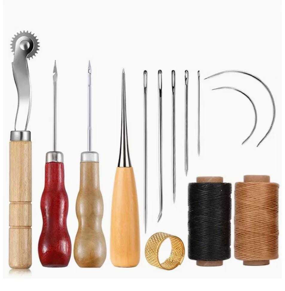 Complete leather sewing repair kit with stitching awls, hand needles, waxed thread, and leather crafting tools