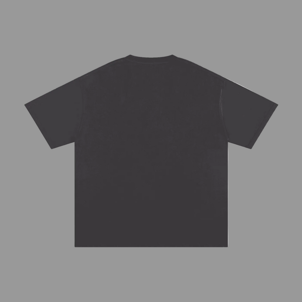 A dark charcoal gray short-sleeve t-shirt shown from the back, laid flat against a solid grey background