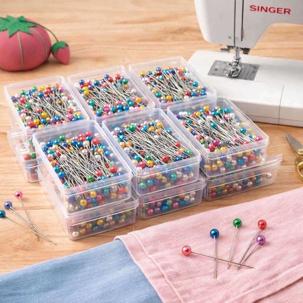 Assorted colorful pearl head sewing pins in organizer boxes beside a sewing machine for quilting and sewing projects
