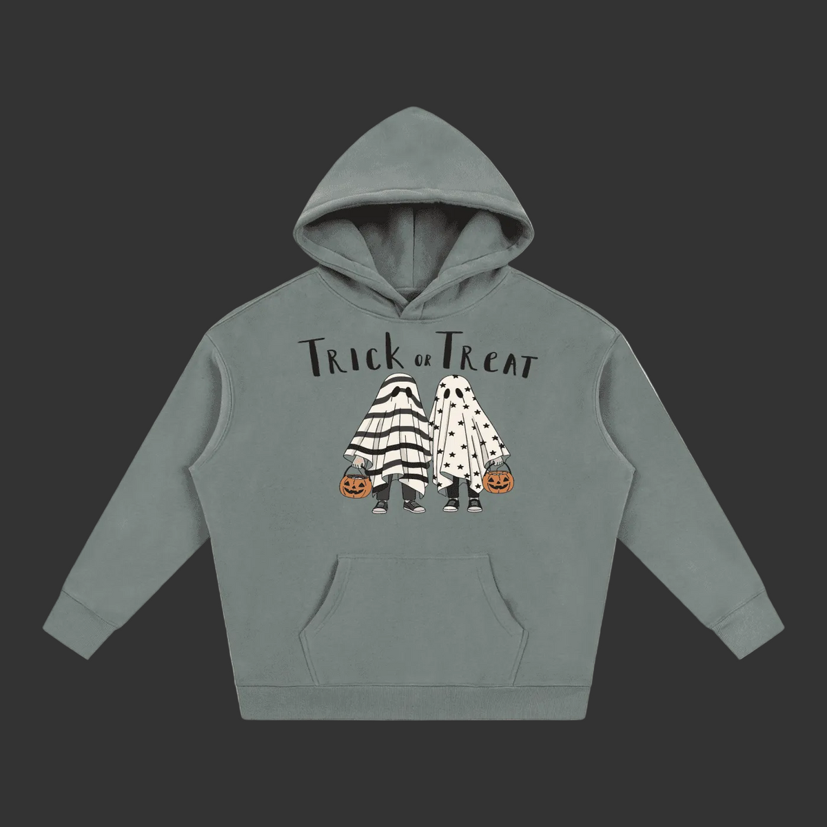 A sage green pullover hoodie featuring a 'Trick or Treat' graphic of two cartoon ghosts in Halloween costumes on the chest, displayed against a solid gray background.