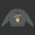 A dark gray crewneck sweatshirt featuring a cartoon graphic of a confused person with an exploding head and question marks above, displayed on a clean gray background.