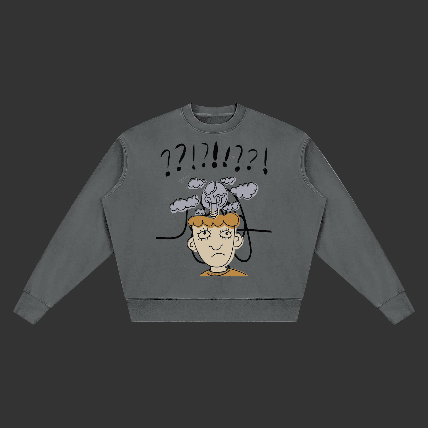 A dark gray crewneck sweatshirt featuring a cartoon graphic of a confused person with an exploding head and question marks above, displayed on a clean gray background.
