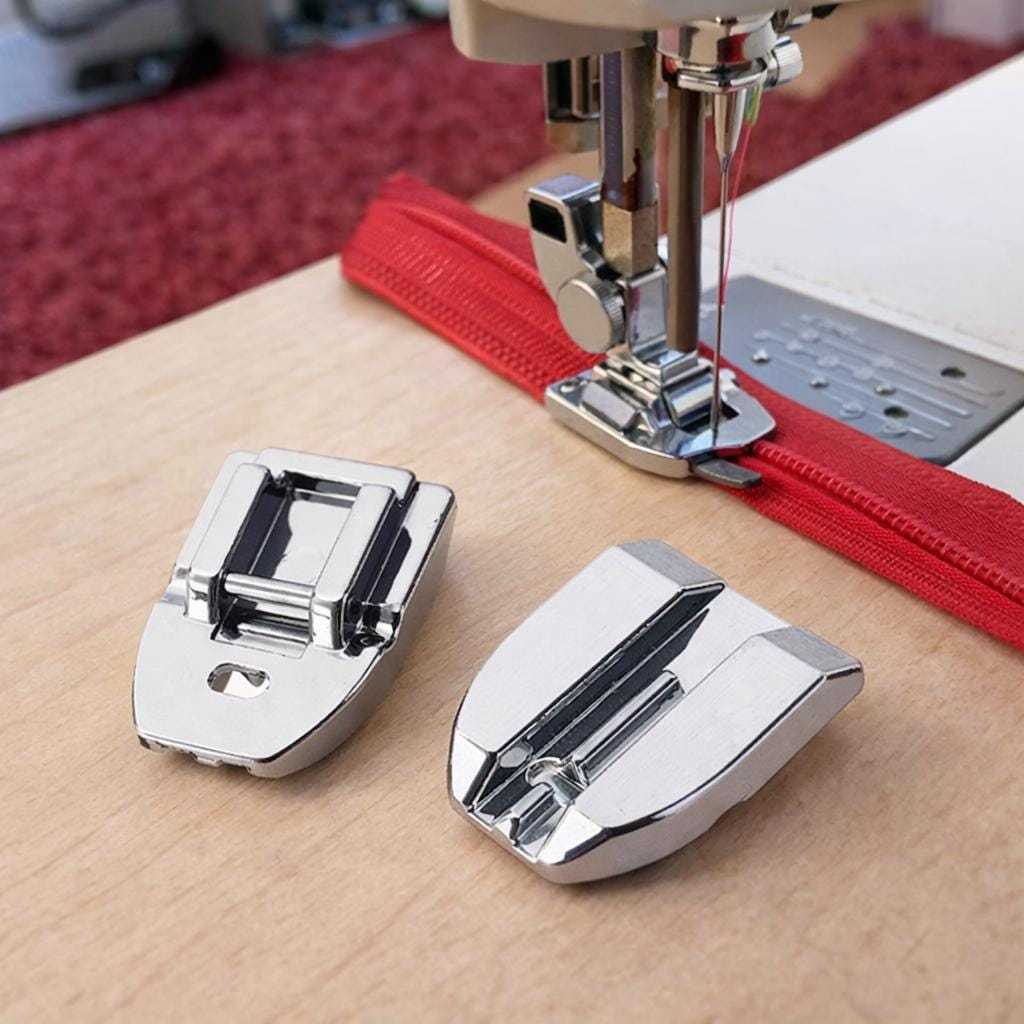 Invisible zipper presser foot attachment positioned beside sewing machine zipper project for accurate stitching