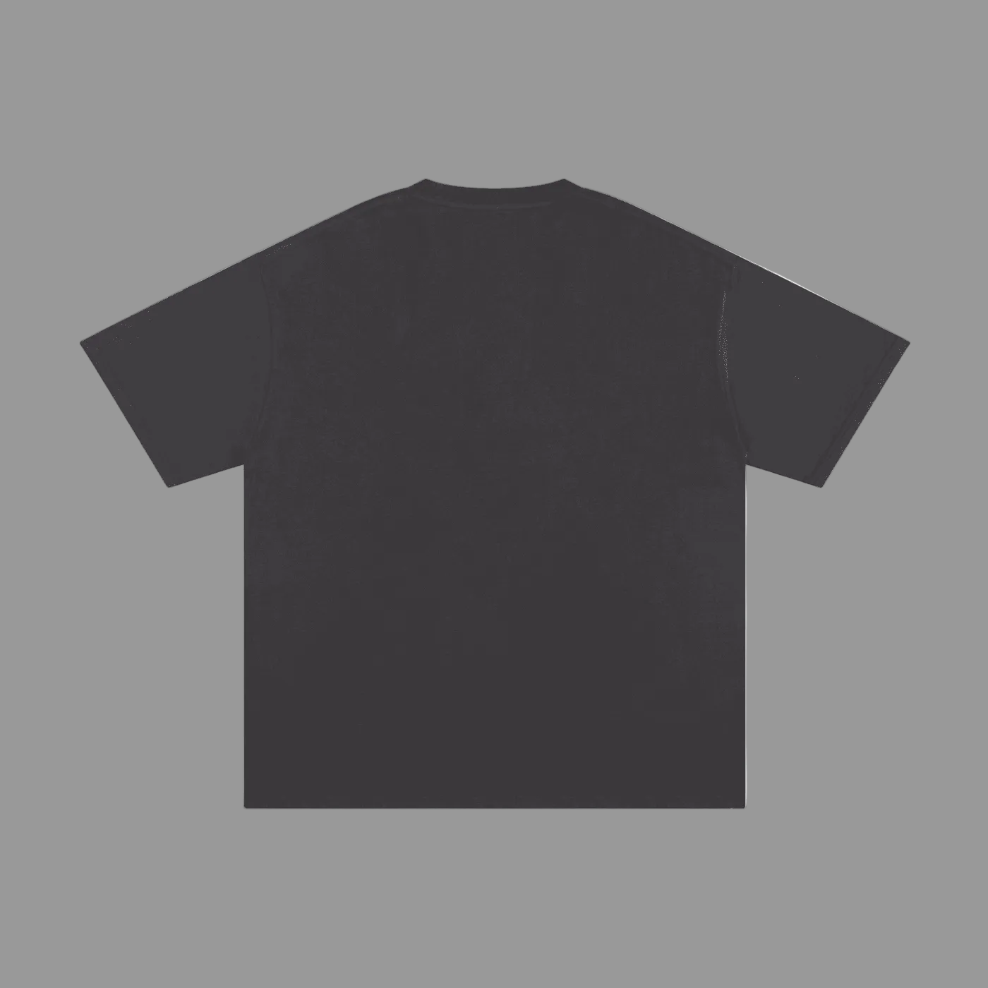 A dark charcoal gray short-sleeve t-shirt shown from the back, laid flat against a solid grey background.