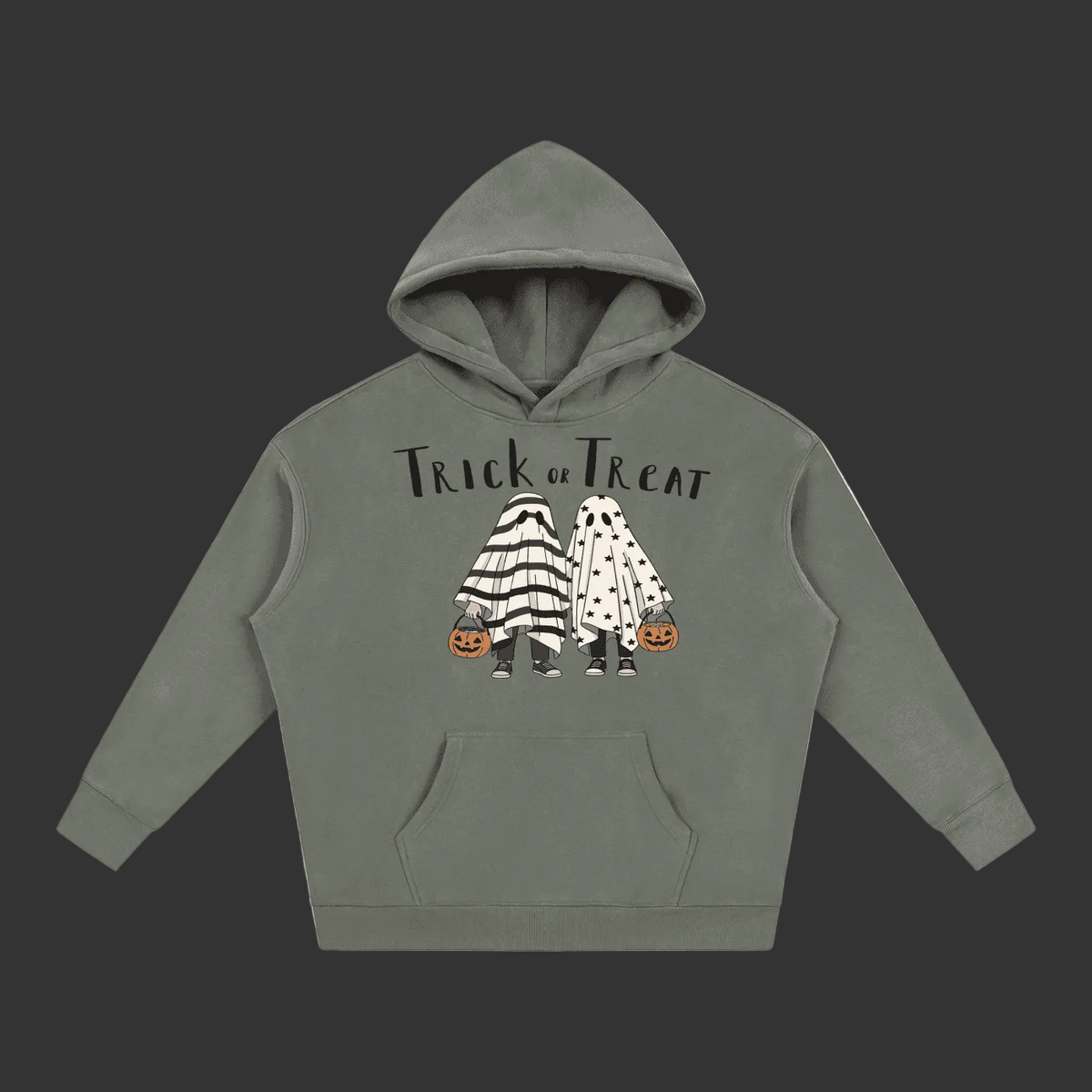 Black hoodie with a logo on the chest against a gray background