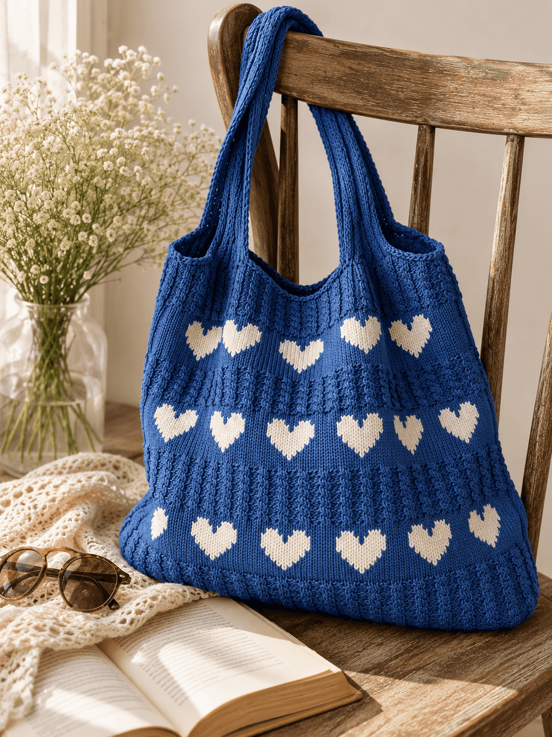 A blue knitted tote bag with cream-colored heart patterns, hanging on a rustic wooden chair next to an open book, sunglasses, and a vase of baby's breath.