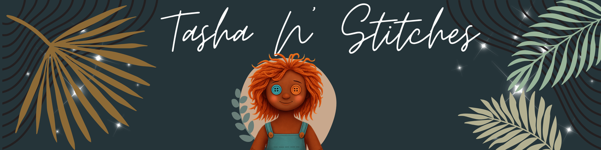 A stylized banner with the text 'Tasha N Stitches' in white script over a dark teal background, decorated with tropical leaves and a small illustrated doll with orange hair and a blue top.
