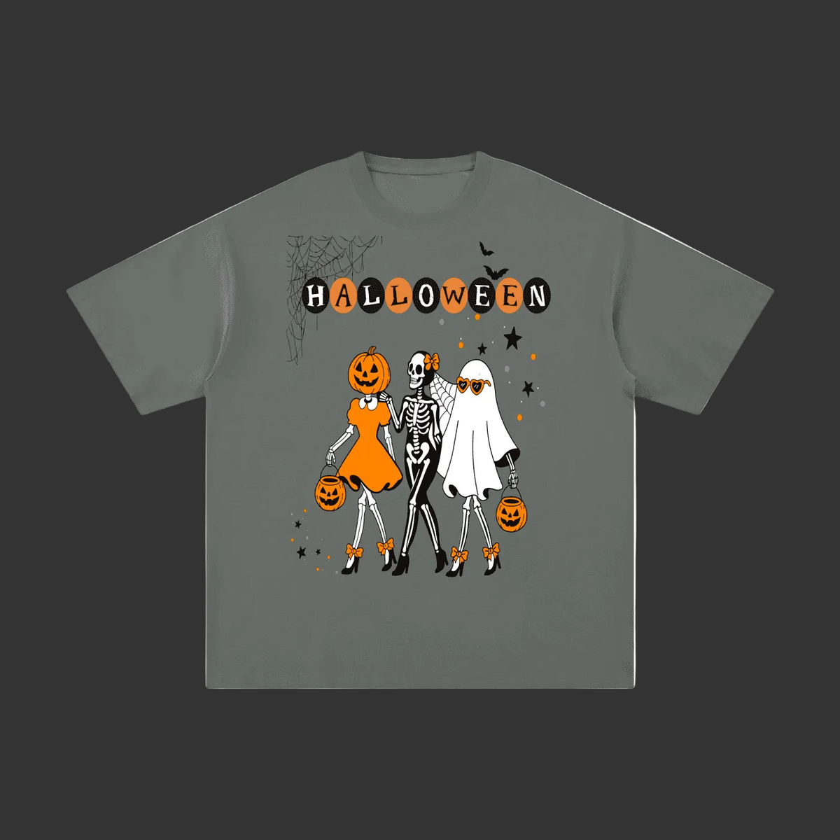 An olive green short-sleeve t-shirt with a Halloween-themed graphic print featuring three cartoon skeletons in costumes and the word 'HALLOWEEN' above them, displayed on a solid gray background.