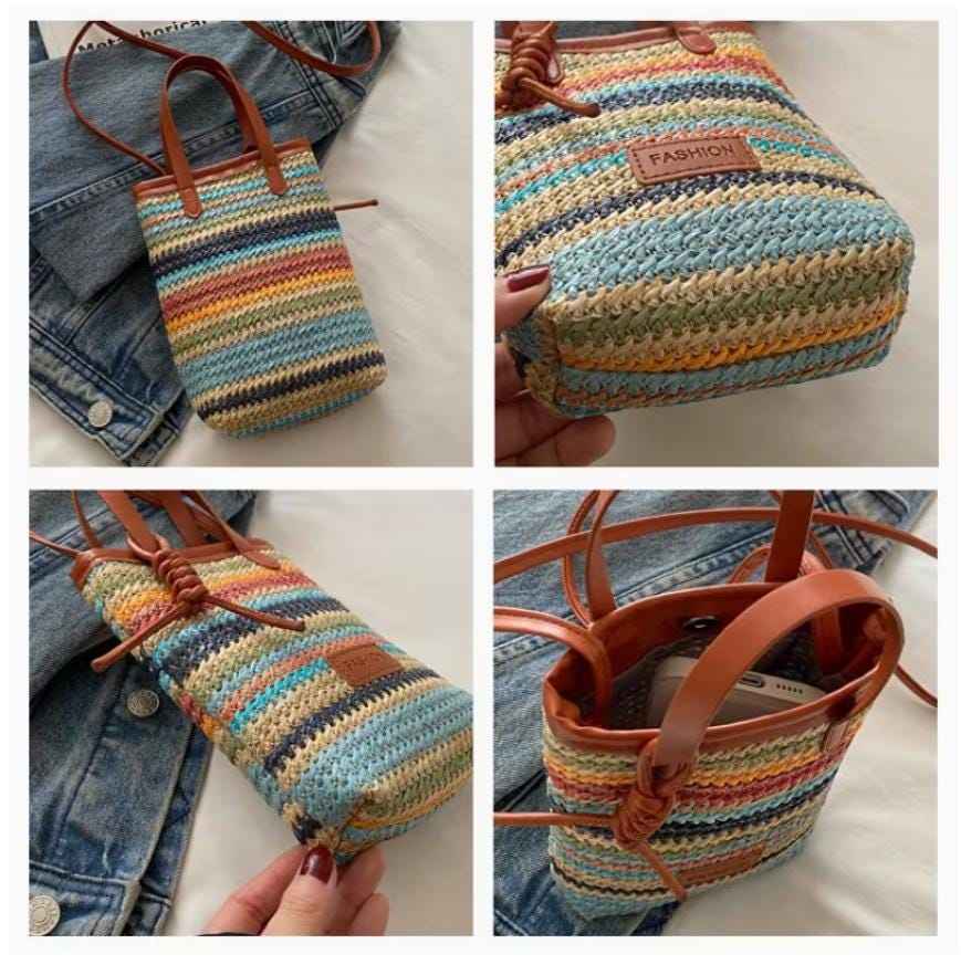 Close-up of rainbow striped woven crossbody bag in hand