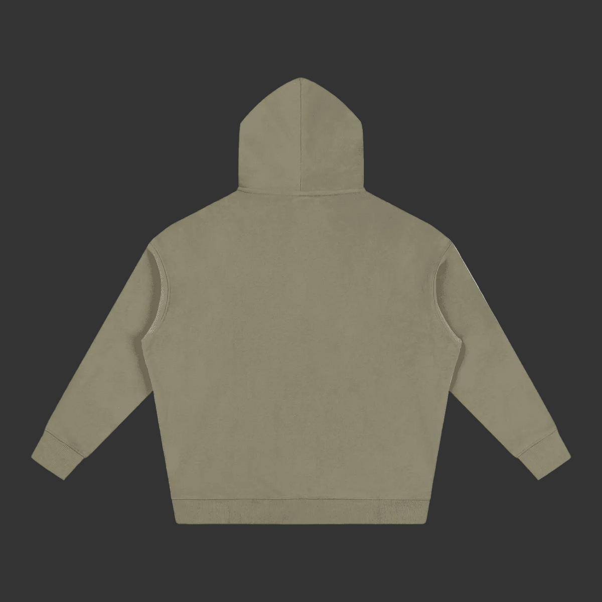A sage green hoodie shown from the back, laid flat against a solid gray background