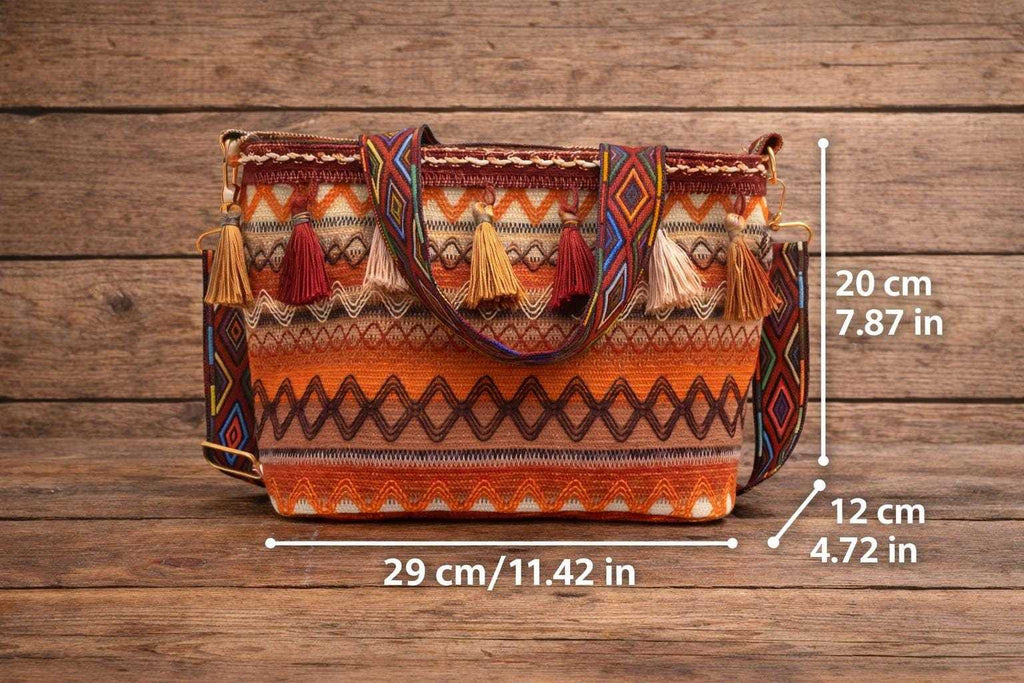 Boho woven tote bag with tassels and adjustable strap, dimension