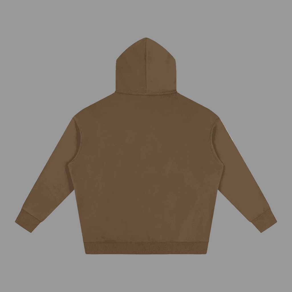 A plain brown hooded sweatshirt shown from the back, laid flat against a solid gray background.