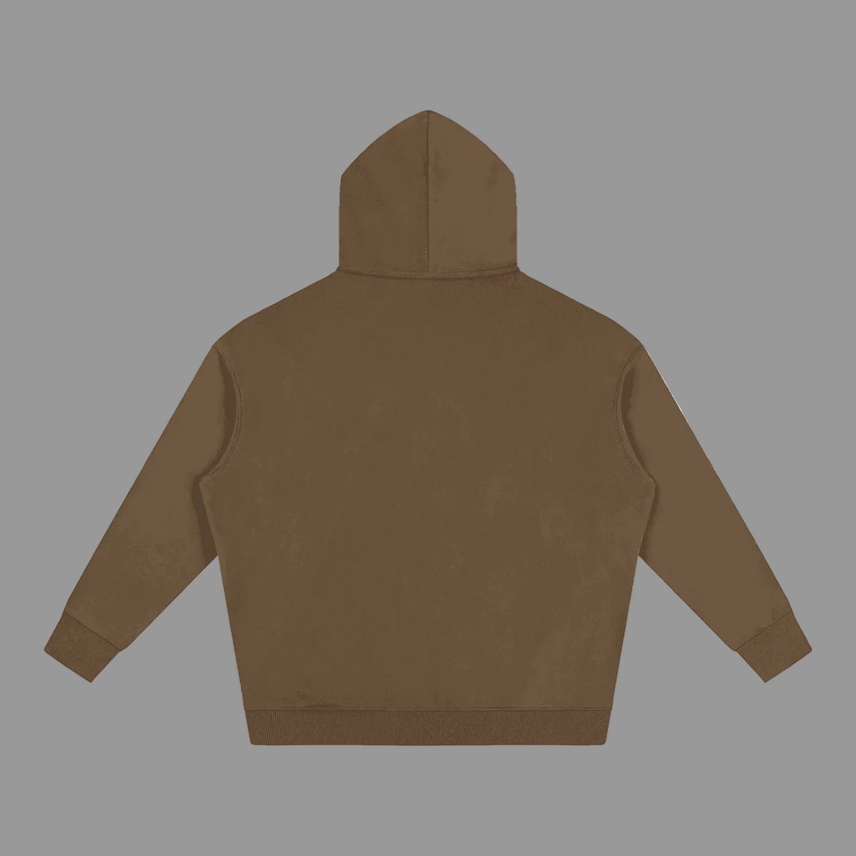 A plain brown hooded sweatshirt shown from the back, laid flat against a solid gray background.