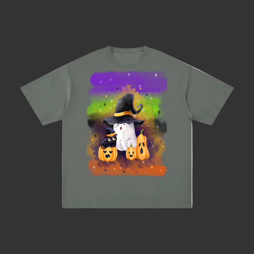 A dark gray short-sleeve t-shirt with a colorful graphic print of a white ghost in a witch hat surrounded by three jack-o'-lantern pumpkins, set against a plain gray background.