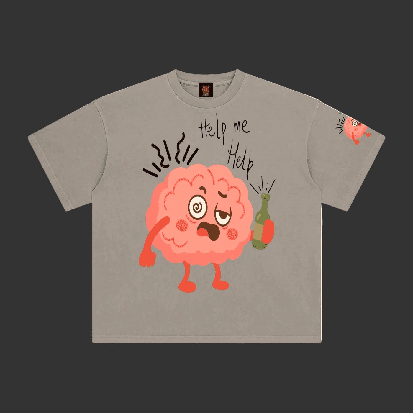 A light gray crewneck t-shirt featuring a cartoon graphic of a pink brain character holding a green bottle, with the text 'Help me Help' written above it. A smaller version of the brain graphic is printed on the left sleeve.