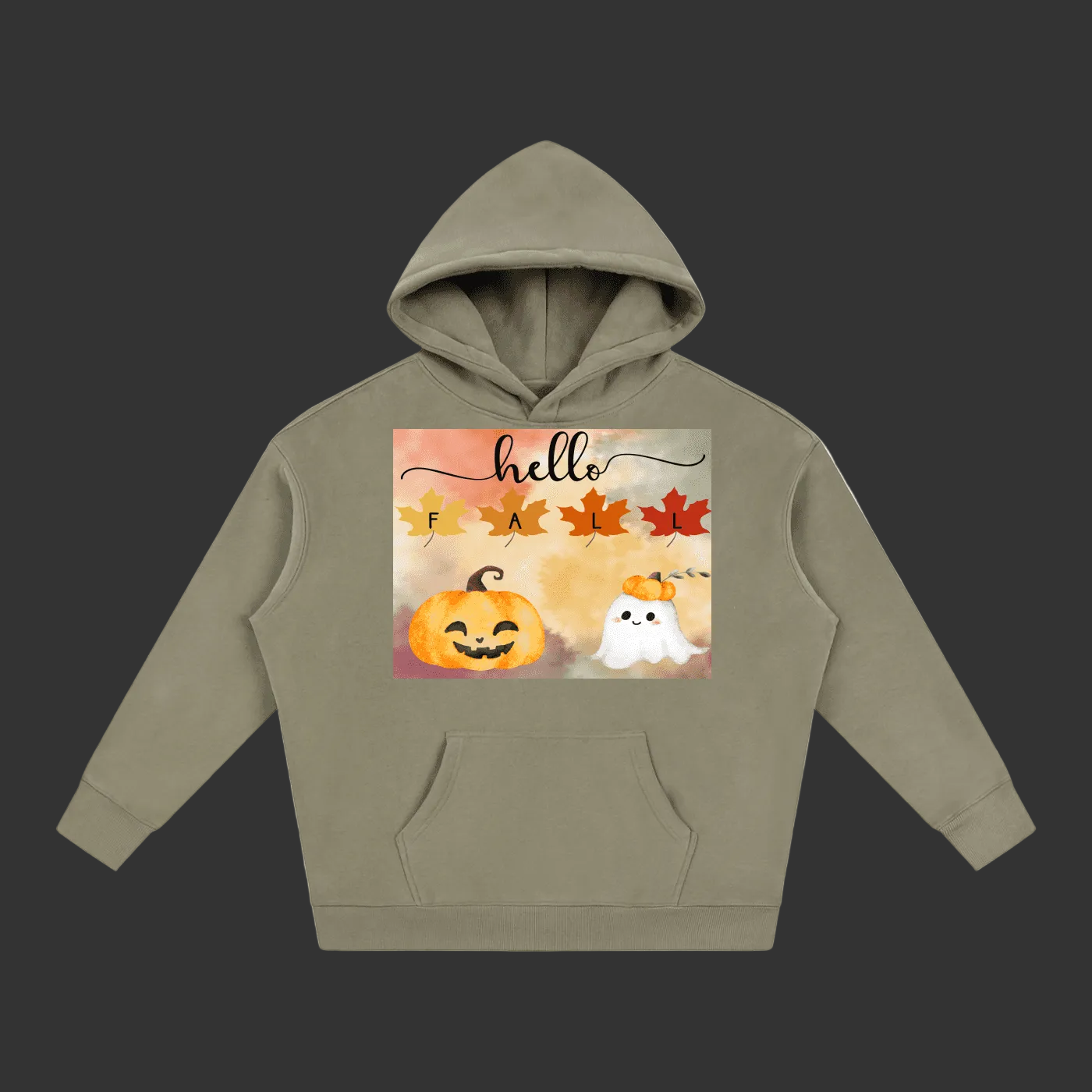 An olive green pullover hoodie with a front kangaroo pocket and a 'Hello Fall' graphic print on the chest, displayed against a solid gray background.