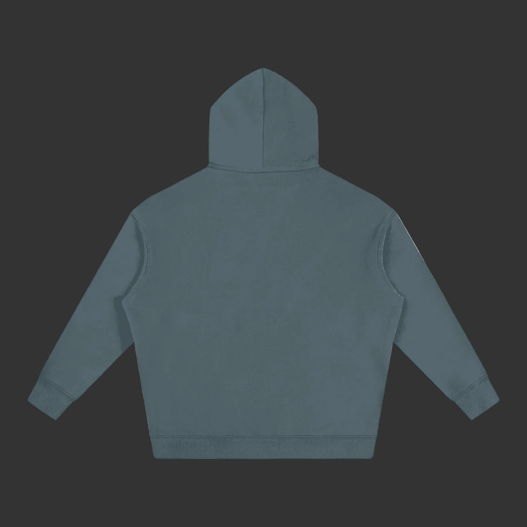 Back view of dark teal hoodie with October pumpkin graphic, featuring pumpkins, bat, and Halloween face, unisex casual wear