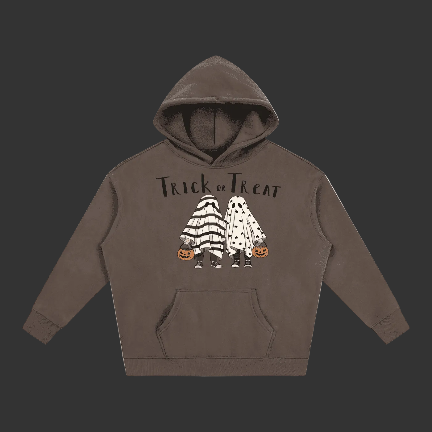 Dark brown hoodie with a logo on the chest against a gray background